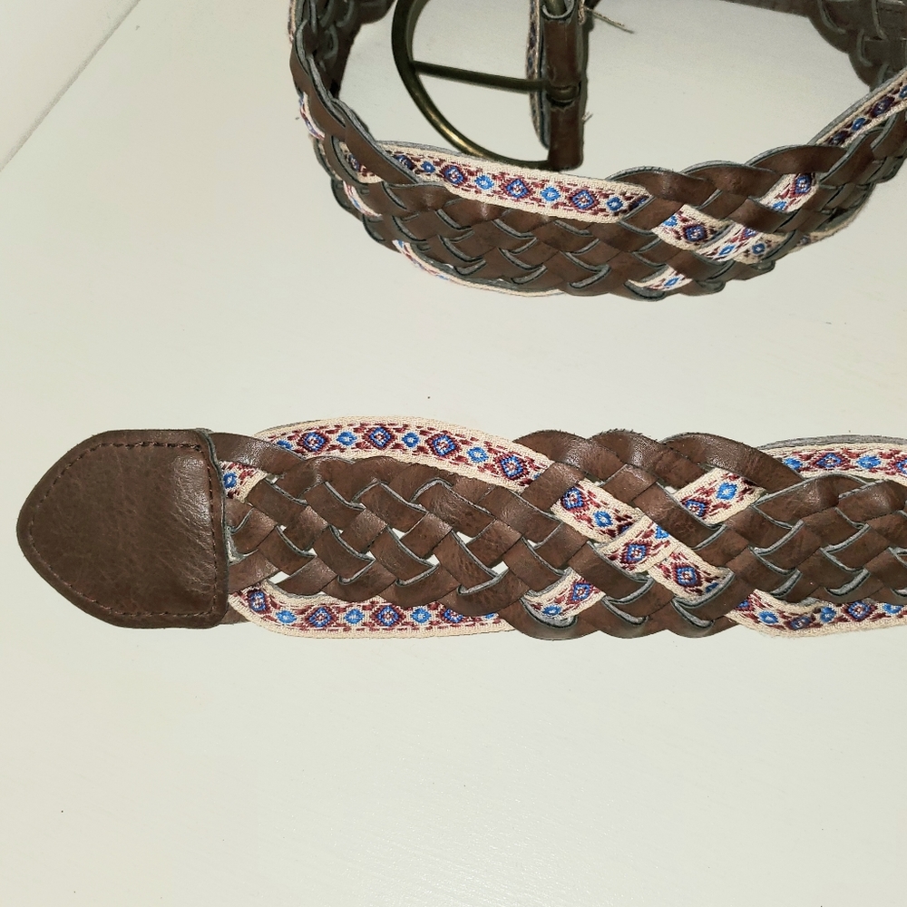 Vintage Brown Vegan Braided Belt Woven Faux Leather Embroidered Trim Hippie 2" W - Picture 5 of 9
